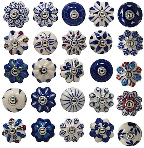 Ajuny , Set di 20 pomelli in ceramica colorati blu per mobili da cucina, bagno, credenze, cassettiere, cassettiere, fatti a mano, in ceramica