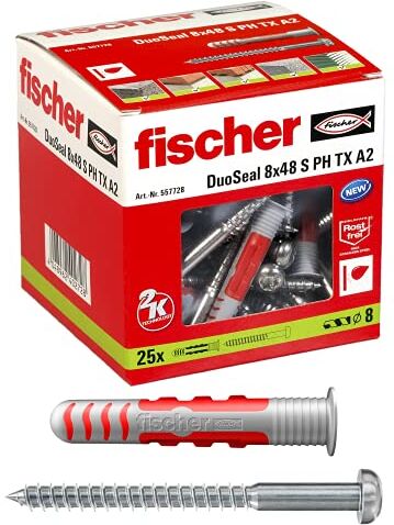 Fischer DuoSeal 8 x 48mm Tasselli Sigillanti con Vite Inox A2 per Ambienti Umidi, Piastrelle, Box Doccia, Bagno, Saliscendi,