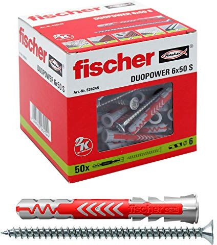 Fischer 50 Tasselli Lunghi Duopower con Vite 6 x 50 mm Universali, per Il Fissaggio di Mensole, Pensili, Staffe Porta TV su Muro e Cartongesso, Grigio/Rosso, 6 x 50