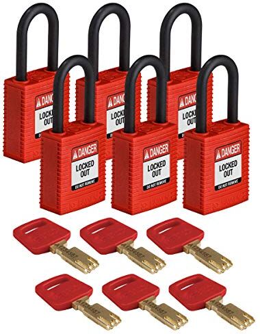 Brady Lucchetto Safekey in Nylon, 38mm x 84mm x 19mm, Rosso, Confezione da 6