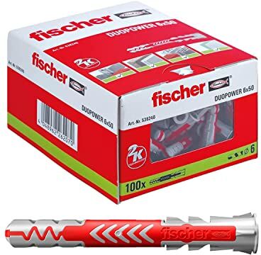 Fischer 100 Tasselli Lunghi Duopower 6 x 50 mm Universali, per Il Fissaggio di Mensole, Pensili, Staffe Porta TV su Muro e Cartongesso, Grigio/Rosso, 6 x 50