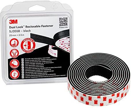 3M Sistema Di Fissaggio Richiudibile Dual Lock Sj355B Ottima Adesione Su Metalli, Vetro, Acrilico, Policarbonato, Abs 25Mm X 2.5M, 5.7Mm, Nero (1 Pezzo)