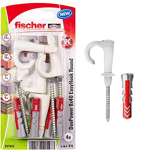 Fischer EasyHook Round 8, set da 4 Ganci Tondi e 4 Tasselli DuoPower 8 x 40 mm, Montaggio Facile e Veloce Senza uso di Pinze su Muro, Cartongesso, Mattoni Forati, Cemento, Legno, Soffitto, 557927