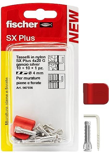 Fischer 10 Ganci Appendi Quadri Silver con Tassellini 4mm e Clip di Fissaggio, Installazione Pulita su Muro per Cornici Pesanti,