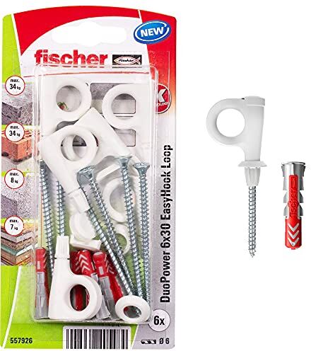 Fischer EasyHook Loop 6, set da 6 Ganci a Occhiello e 6 Tasselli DuoPower 6 x 30 mm, Montaggio Facile e Veloce Senza uso di Pinze su Muro, Cartongesso, Mattoni Forati, Cemento, Legno, Soffitto,