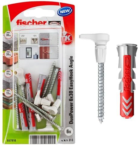 Fischer EasyHook Angle 6, set da 6 Ganci ad Angolo e 6 Tasselli DuoPower 6 x 30 mm, Montaggio Facile e Veloce Senza uso di Pinze su Muro, Cartongesso, Mattoni Forati, Cemento, Legno,