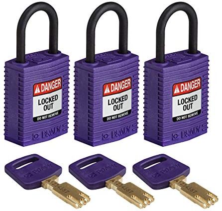 Brady SafeKey Lucchetto di blocco in nylon viola, 2,5 cm, in plastica, con chiave Shkl, confezione da 3