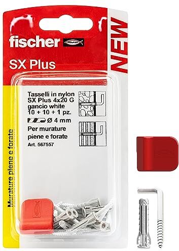 Fischer 10 Ganci Appendi Quadri Bianco con Tassellini 4mm e Clip di Fissaggio, Installazione Pulita su Muro per Cornici Pesanti,