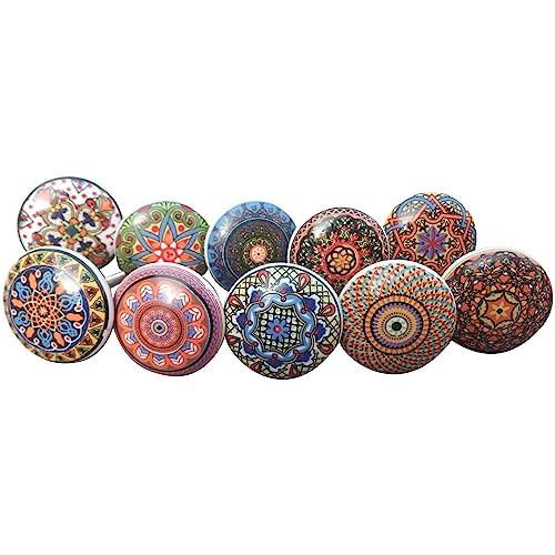 Ajuny , Pomelli in ceramica multicolore per armadietti, cassetti e mobili, maniglie dipinte a mano, per antiche credenze in cucina, cassettiere, armadi, confezione da 10