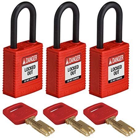 Brady Lucchetto Safekey in Nylon, 38mm x 84mm x 19mm, Rosso, Confezione da 3