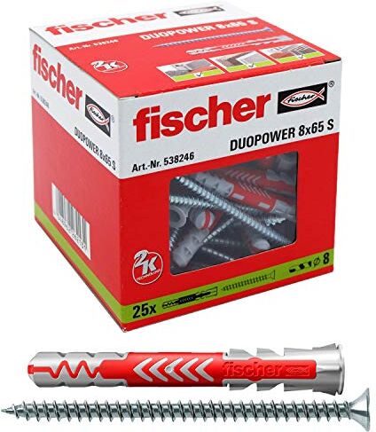 Fischer 25 Tasselli Lunghi Duopower con Vite 8 x 65 mm Universali, per Il Fissaggio di Mensole, Pensili, Staffe Porta TV su Muro e Cartongesso, Grigio/Rosso, 8 x 65