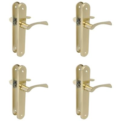 Amig Set da 4 maniglie con piastra ovale in acciaio e maniglia in zama Finitura in ottone verniciato Per porte interne 237 x 40 mm Maniglia 120 mm Viti incluse Amig Set da 4 maniglie con piastra ovale in acciaio e maniglia in zama Finitura in ottone verniciato Per porte interne 237 x 40 mm Maniglia 120 mm Viti incluse