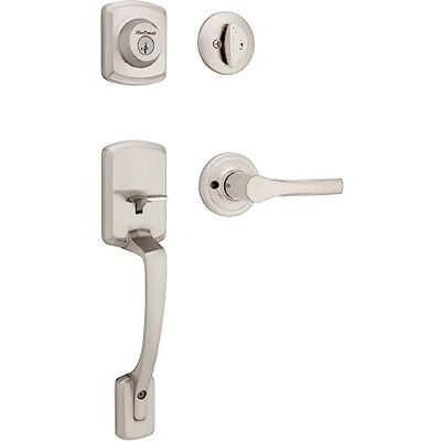 Kwikset Henley Set maniglia e catenaccio per porta anteriore, maniglia esterna con leva interna reversibile, in nichel satinato, resistente al pick-up, con protezione Microban Kwikset Henley Set maniglia e catenaccio per porta anteriore, maniglia esterna con leva interna reversibile, in nichel satinato, resistente al pick-up, con protezione Microban