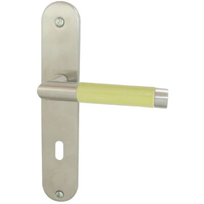 DT 2000 Mezza maniglia per porta con placca arrotondata, maniglia con finitura in porcellana colore giallo, acciaio inox opaco, con foro ovale DT 2000 Mezza maniglia per porta con placca arrotondata, maniglia con finitura in porcellana colore giallo, acciaio inox opaco, con foro ovale