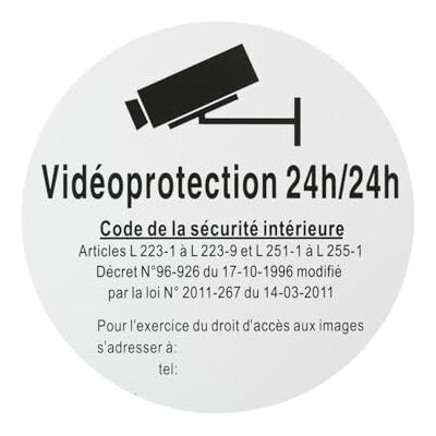 Thirard Targa segnaletica adesiva Ø 180 mm, "Vidéoprotection 24/24" (Videosorveglianza 24 ore su 24) – Thirard Targa segnaletica adesiva Ø 180 mm, "Vidéoprotection 24/24" (Videosorveglianza 24 ore su 24) –