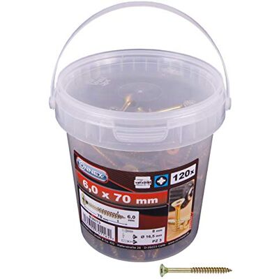 Connex Viti universali 66,0 x 70 mm (120 pezzi) nel set – testa svasata – azionamento PZ Pozidriv – filettatura parziale – giallo zincato/set di viti/secchio per viti / Connex Viti universali 66,0 x 70 mm (120 pezzi) nel set – testa svasata – azionamento PZ Pozidriv – filettatura parziale – giallo zincato/set di viti/secchio per viti /