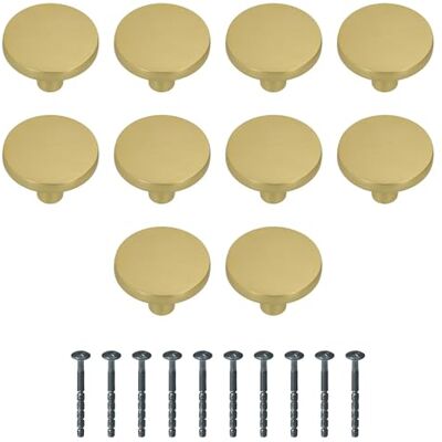 Amig Confezione da 10 Pomelli per mobili Diametro Ø35 mm Colore Oro Spazzolato Realizzato in Alluminio Maniglie dorate per cassetti Mod. Amig Confezione da 10 Pomelli per mobili Diametro Ø35 mm Colore Oro Spazzolato Realizzato in Alluminio Maniglie dorate per cassetti Mod.