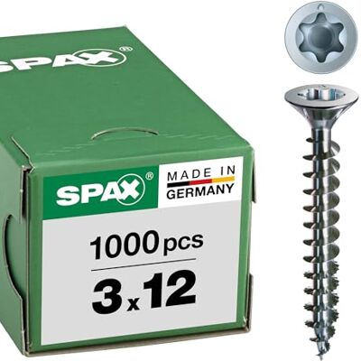 SPAX Vite universale con testa svasata T-STAR plus, 4CUT, Filettatura piena, Bianco zincato, 3.0 x 12 mm, 1000 pezzi SPAX Vite universale con testa svasata T-STAR plus, 4CUT, Filettatura piena, Bianco zincato, 3.0 x 12 mm, 1000 pezzi