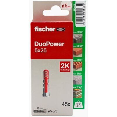 Fischer Duopower 5x25-45U, tasselli da parete multimateriale, servono per appendere biciclette, quadri, armadi, supporti TV, scaffali, mobili. Fischer Duopower 5x25-45U, tasselli da parete multimateriale, servono per appendere biciclette, quadri, armadi, supporti TV, scaffali, mobili.