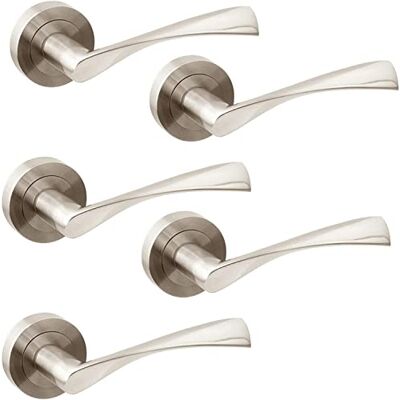 Jdel Set di 5 manovelle per porte interne per porta di passaggio con rosetta da 50 mm, alluminio, nichel satinato. Jdel Set di 5 manovelle per porte interne per porta di passaggio con rosetta da 50 mm, alluminio, nichel satinato.