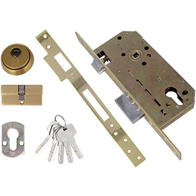 Amig Serratura da incasso Mod.200 con cilindro di sicurezza e scudo + 5 chiavi per porte in legno di ingresso con maniglia reversibile per maniglie da 8 mm in acciaio ottonato Amig Serratura da incasso Mod.200 con cilindro di sicurezza e scudo + 5 chiavi per porte in legno di ingresso con maniglia reversibile per maniglie da 8 mm in acciaio ottonato
