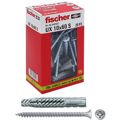 Fischer - 20 Tasselli ux con vite, 10 x 60 mm - Ancoranti per pareti Fischer - 20 Tasselli ux con vite, 10 x 60 mm - Ancoranti per pareti