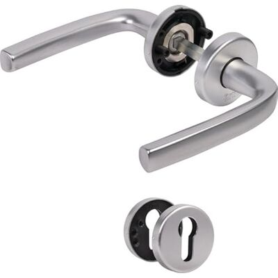 Vachette Set di maniglie per porta su rosette chiave I Logio per porta d'ingresso, cantina, ufficio, garage Materiale alluminio resistente garanzia 10 anni finitura argento Vachette Set di maniglie per porta su rosette chiave I Logio per porta d'ingresso, cantina, ufficio, garage Materiale alluminio resistente garanzia 10 anni finitura argento