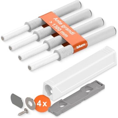 Blum 4x TIP-ON apriporta push-to-open versione lunga bianco seta Apertura senza maniglia né corrente Magnete di chiusura integrato Corsa 1,5 mm, forza 19 N Ante oltre 1.300 mm Blum 4x TIP-ON apriporta push-to-open versione lunga bianco seta Apertura senza maniglia né corrente Magnete di chiusura integrato Corsa 1,5 mm, forza 19 N Ante oltre 1.300 mm