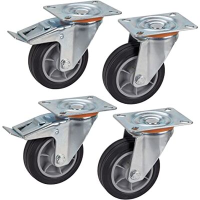 Dörner + Helmer Set di 4 ruote per attrezzi da trasporto, 100 mm, TPE, piastra 100 x 85 mm, mix di ruote, portata 210 kg/set Dörner + Helmer Set di 4 ruote per attrezzi da trasporto, 100 mm, TPE, piastra 100 x 85 mm, mix di ruote, portata 210 kg/set