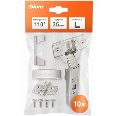 Blum 10 cerniere per mobili, 110°, dritte con molla, viti, arresto angolare + clip blu eccentrica, piastra di montaggio a croce, acciaio, viti, distanza 0 mm Blum 10 cerniere per mobili, 110°, dritte con molla, viti, arresto angolare + clip blu eccentrica, piastra di montaggio a croce, acciaio, viti, distanza 0 mm