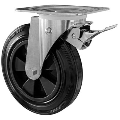 Amig Ruota con piastra metallica e freno Nucleo in polipropilene e fascia battistrada in gomma nera Diametro 200 mm x Spessore 50 mm Capacità di carico fino a 200 kg Ideale per contenitori Amig Ruota con piastra metallica e freno Nucleo in polipropilene e fascia battistrada in gomma nera Diametro 200 mm x Spessore 50 mm Capacità di carico fino a 200 kg Ideale per contenitori