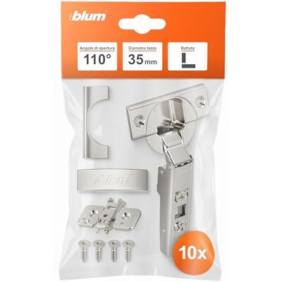 Blum 10 cerniere per mobili, 110°, dritte con molla, viti, arresto angolare + clip blu eccentrica, piastra di montaggio a croce, acciaio, viti, distanza 0 mm Blum 10 cerniere per mobili, 110°, dritte con molla, viti, arresto angolare + clip blu eccentrica, piastra di montaggio a croce, acciaio, viti, distanza 0 mm