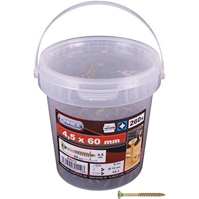 Connex Viti universali, 4,5 x 60 mm, set da 260 pezzi, testa svasata, attacco PZ Pozidriv, filettatura parziale, giallo zincato, set di viti, secchio per viti, Connex Viti universali, 4,5 x 60 mm, set da 260 pezzi, testa svasata, attacco PZ Pozidriv, filettatura parziale, giallo zincato, set di viti, secchio per viti,