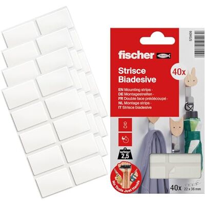 Fischer NTJH DOUBLEBOND STRIPS, Strisce Biadesive Pre-Tagliate, Fino a 2,5kg Per Striscia, Per Fissare Cornici, Targhe, Poster, Rotolo da 40 Strisce 22x36 mm Fischer NTJH DOUBLEBOND STRIPS, Strisce Biadesive Pre-Tagliate, Fino a 2,5kg Per Striscia, Per Fissare Cornici, Targhe, Poster, Rotolo da 40 Strisce 22x36 mm