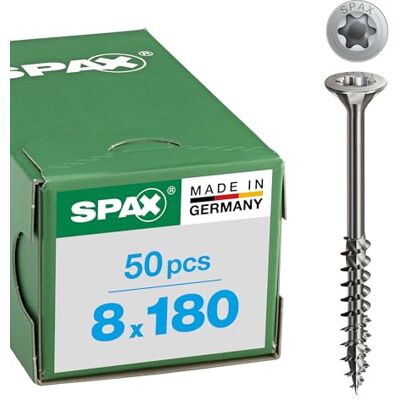 SPAX Viti in acciaio inox, 8 x 180 mm, 50 pezzi, filettatura parziale, testa svasata, T-STAR plus T40, 4CUT, in acciaio inox A2- SPAX Viti in acciaio inox, 8 x 180 mm, 50 pezzi, filettatura parziale, testa svasata, T-STAR plus T40, 4CUT, in acciaio inox A2-