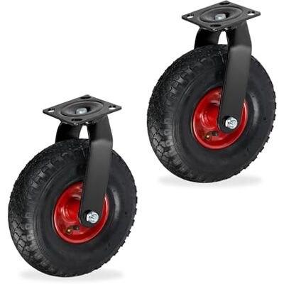Relaxdays Set da 2 Ruote girevoli pneumatiche 3.00-4, 120 kg, Piastra da avvitare, Nero-Rosso Relaxdays Set da 2 Ruote girevoli pneumatiche 3.00-4, 120 kg, Piastra da avvitare, Nero-Rosso