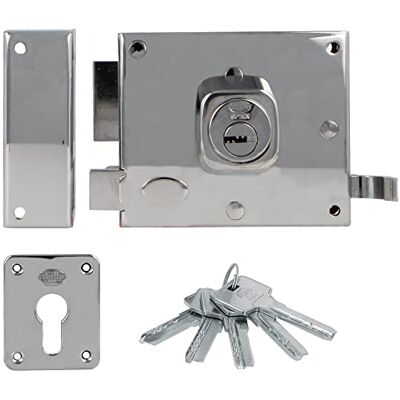 Amig Serratura da sovrapposizione a sinistra con leva di chiusura, linguetta e maniglia per porte in legno mod. , 100 x 85 mm, Chiusura con cilindro Europrofilo, Acciaio Argento Amig Serratura da sovrapposizione a sinistra con leva di chiusura, linguetta e maniglia per porte in legno mod. , 100 x 85 mm, Chiusura con cilindro Europrofilo, Acciaio Argento