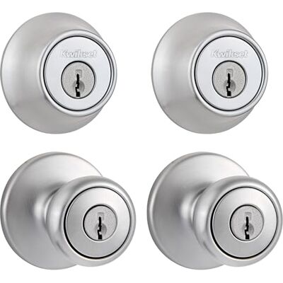 Kwikset 242 Tylo Pomello di ingresso e catenaccio singolo cilindro in cromo satinato Kwikset 242 Tylo Pomello di ingresso e catenaccio singolo cilindro in cromo satinato