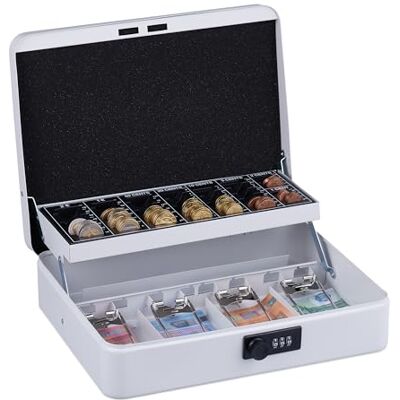 Relaxdays Cassetta con Combinazione Numerica a 3 Cifre, per Banconote, Scomparto per Monete, 8,5x30,5x25 cm, Bianco Relaxdays Cassetta con Combinazione Numerica a 3 Cifre, per Banconote, Scomparto per Monete, 8,5x30,5x25 cm, Bianco
