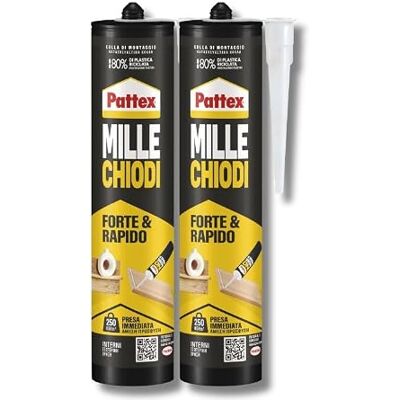 Pattex MILLECHIODI Forte & Rapido, adesivo di montaggio extra forte che sostituisce viti e fori al muro, adesivo bianco con effetto ventosa 2x400g, Trasparente Pattex MILLECHIODI Forte & Rapido, adesivo di montaggio extra forte che sostituisce viti e fori al muro, adesivo bianco con effetto ventosa 2x400g, Trasparente
