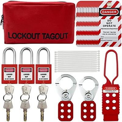 SAFBY Kit di blocco e contrassegno elettrico Loto, ganci di blocco di gruppo, etichette di blocco, lucchetti di sicurezza con numero, fascette in nylon con borsa tascabile, kit rosso SAFBY Kit di blocco e contrassegno elettrico Loto, ganci di blocco di gruppo, etichette di blocco, lucchetti di sicurezza con numero, fascette in nylon con borsa tascabile, kit rosso