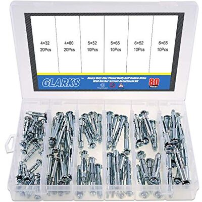 Glarks resistente acciaio zincato Molly Bolt Hollow Drive Wall Anchor viti assortimento kit, Molly Bolt Kit, 80 Glarks resistente acciaio zincato Molly Bolt Hollow Drive Wall Anchor viti assortimento kit, Molly Bolt Kit, 80
