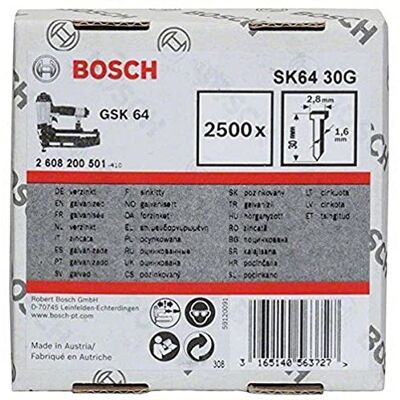 Bosch , Set di chiodi a testa svasata 1,6 mm/16 gr, 2500 pz., SK64 30G Bosch , Set di chiodi a testa svasata 1,6 mm/16 gr, 2500 pz., SK64 30G