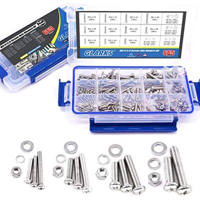 Glarks 705PCS m3 M4 M5 in acciaio INOX Phillips testa viti bulloni e dadi piatto guarnizioni assortimento di rondelle kit Glarks 705PCS m3 M4 M5 in acciaio INOX Phillips testa viti bulloni e dadi piatto guarnizioni assortimento di rondelle kit