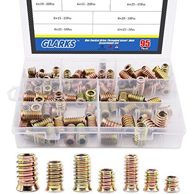 Glarks Dadi a vite, 95 pezzi, in lega di zinco, esagonale, flangia, filettatura, assortimento per mobili in legno Glarks Dadi a vite, 95 pezzi, in lega di zinco, esagonale, flangia, filettatura, assortimento per mobili in legno