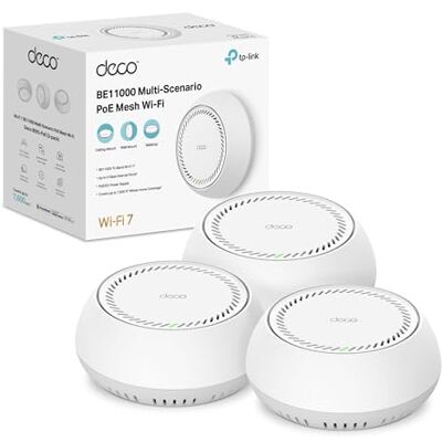TP-Link WiFi 7 Deco BE65-PoE Mesh WiFi con PoE, BE9300Mbps Tri-Band, 2 Porte di 5 Gigabit, Ripetitore WiFi, MLO, con Tecnologia AI, 3 Pz con Copertura Fino a 380㎡, Canali 320 MHz, Banda a 6 GHz TP-Link WiFi 7 Deco BE65-PoE Mesh WiFi con PoE, BE9300Mbps Tri-Band, 2 Porte di 5 Gigabit, Ripetitore WiFi, MLO, con Tecnologia AI, 3 Pz con Copertura Fino a 380㎡, Canali 320 MHz, Banda a 6 GHz