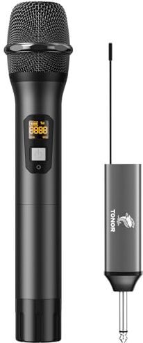 TONOR Microfono Senza Fili, UHF Sistema Wireless Microfonico Portatile in Metallo Cordless con Ricevitore Ricaricabile, Uscita 1/4" per Amplificatore, Macchina da Karaoke, 60m (TW620), Nero