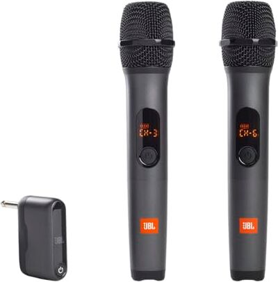 JBL Wireless Microphone Set Microfono Wireless Cardioide, Kit con Due Microfoni Senza Fili a Batteria e Ricevitore Wireless UHF a 2 Canali 6 Ore di Autonomia, Compatibili con PartyBox