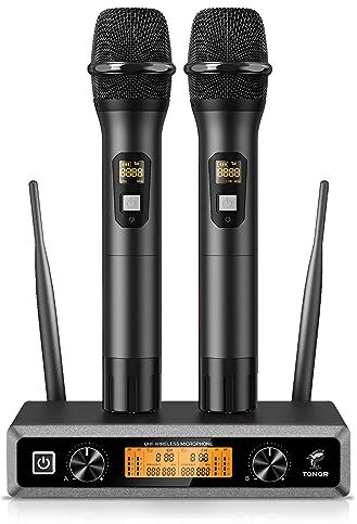 TONOR Microfono wireless UHF professionale dinamico doppio microfono senza fili, sistema di microfono a mano, set per karaoke, feste, DJ, chiesa, matrimonio, riunione, 60 metri, TW820, Nero