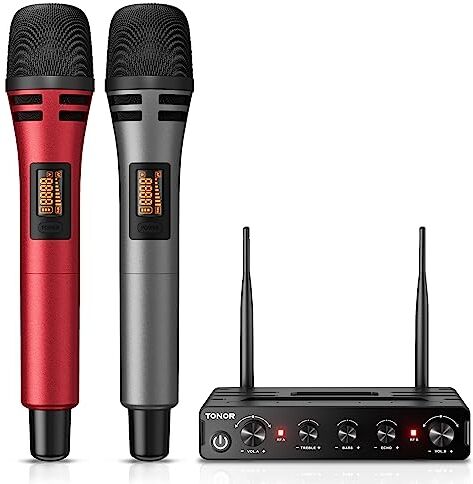 TONOR Microfono Senza Fili, Set di Microfoni a Mano per Karaoke, UHF Sistema con Ricevitore, Set di Microfoni Wireless per Karaoke Domestico, Feste, Chiese, DJ, Matrimoni, Discorsi , Rosso